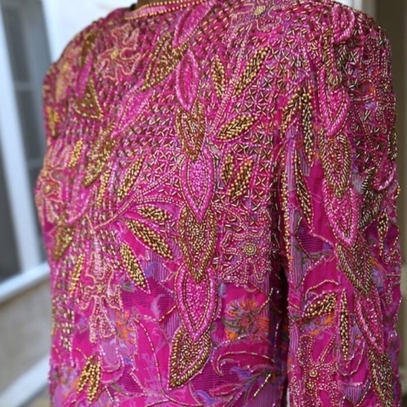 𝅺VINTAGE 1980s Fuchsia Pink Silk Beaded Cocktail Dress - Picture 2 of 12